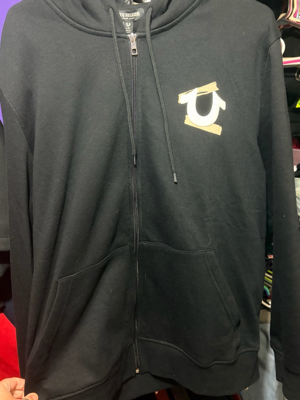 True Religion Black Zip-Up Hoodie with Gold Accent Logo